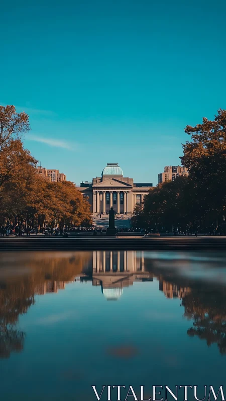 Symmetric neoclassical facade with reflective pool axis study.