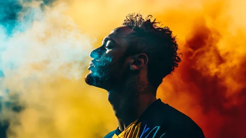 Side profile portrait shows man exhaling dense colored smoke