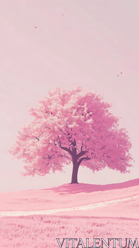 Solitary pink blossom tree on pastel hillside landscape.