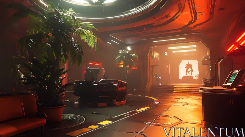 Neon jungle lounge in a cozy retro-future starship corridor.