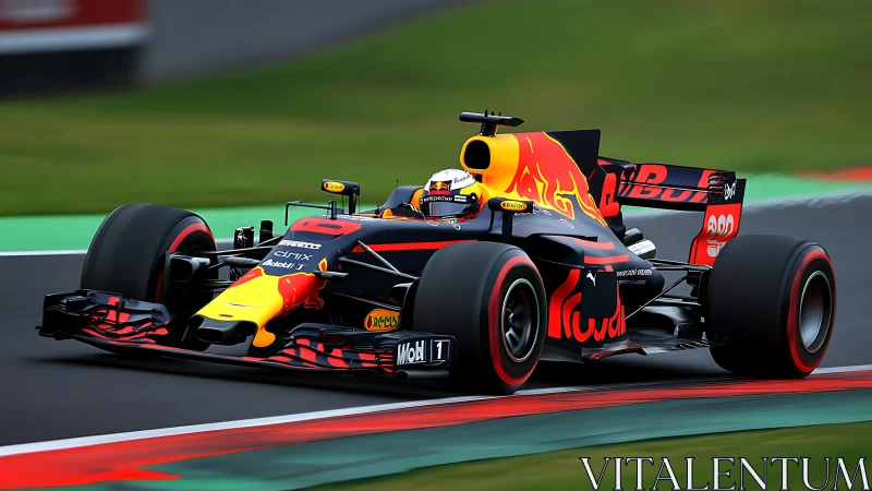 Formula 1 car cornering on a racetrack during high speed run