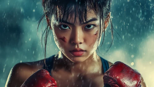 Young Boxer in Rain With Determined Expression.