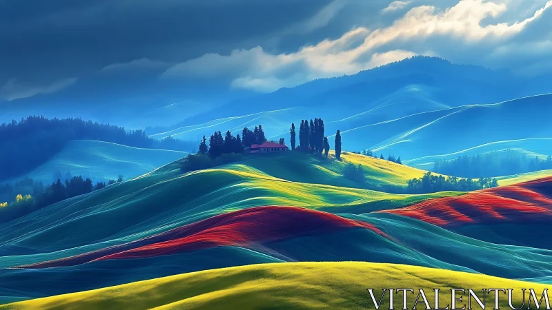 Vibrant rolling hills glow under storm-lit mountain sky