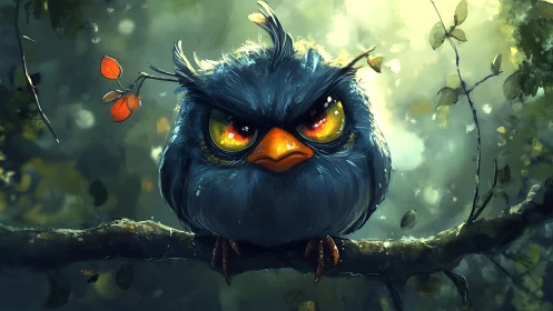 Grumpy Cartoon Owl on Forest Branch, Vibrant Digital Painting Style.