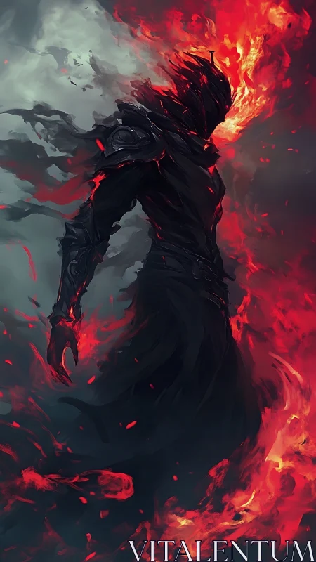 Volcanic wraith in scorched armor amid turbulent combustion.