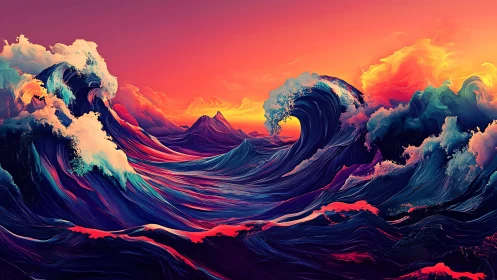 Digital seascape with stylized multicolored waves at sunset.