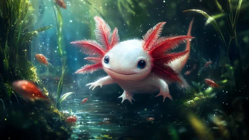 Bioluminescent axolotl in shallow freshwater habitat.