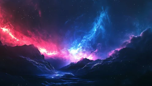 Cosmic mountain valley under radiant nebula skies.