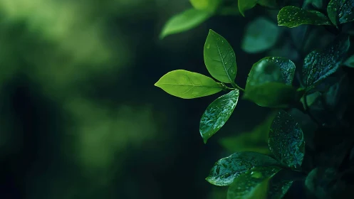 Single fresh leaf glowing over dark green foliage background.