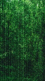 Matrix-like digital rain veiling dense emerald forest scene.