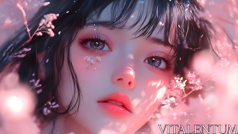 Soft pink dreamscape frames a wistful anime girl portrait