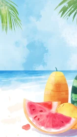 Tropical beach scene with sliced watermelon and fruit.