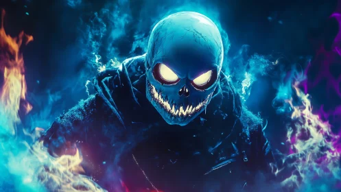 Bioluminescent skull wreathed in cyan and magenta spectral fire