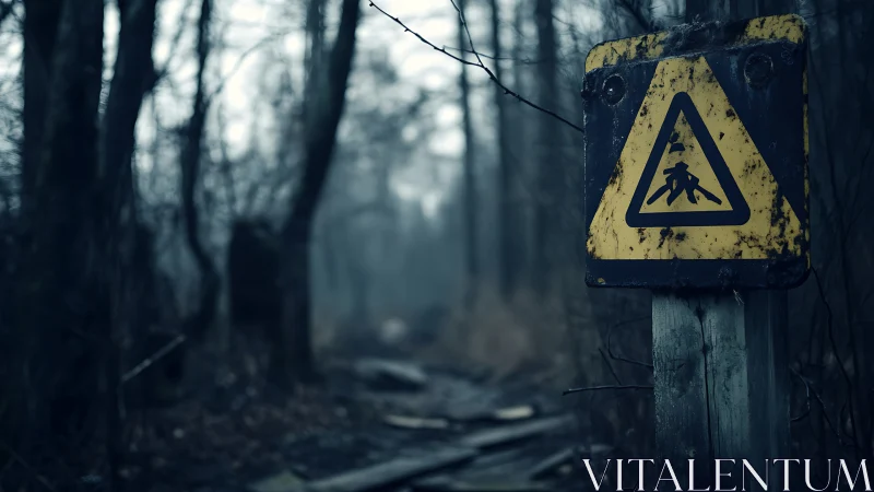 Weathered insect warning sign in dark misty forest path.