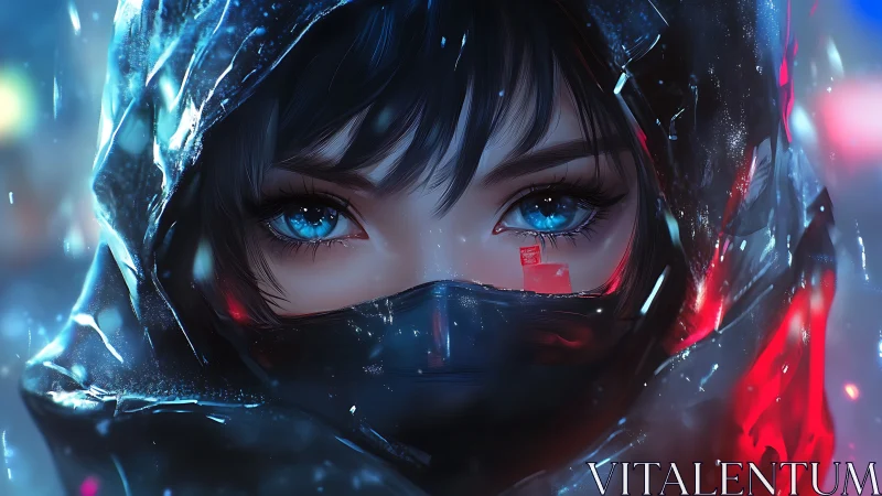 Hooded figure with blue eyes in neon lit digital portrait.