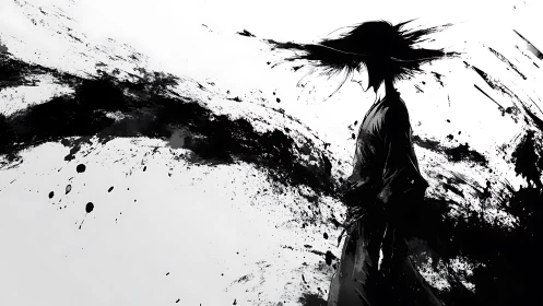 Ink-swept wanderer pausing inside a storm of brushstrokes.