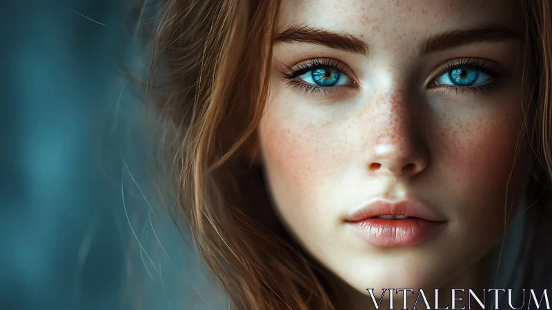 Hyperreal blue-eyed portrait captures freckled young woman