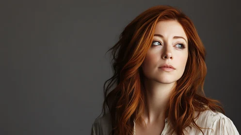 Portrait shows young woman with red hair facing to the right