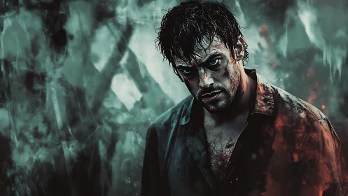 Storm-soaked survivor glares through smoke and embers