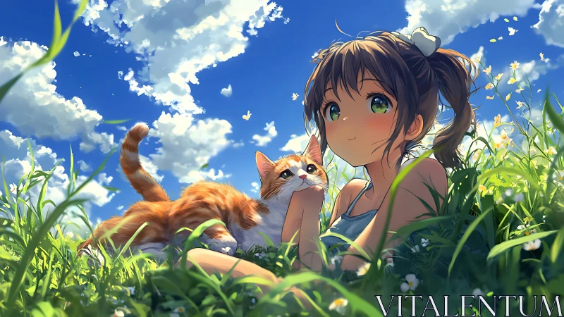 Anime girl and cat resting in sunlit meadow field.