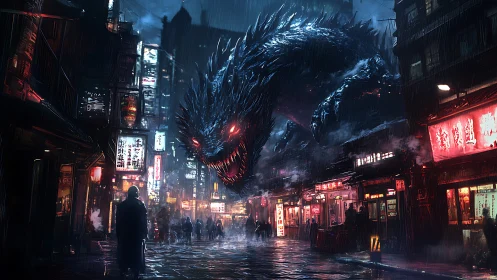 Giant black monster looms over neon city street at night