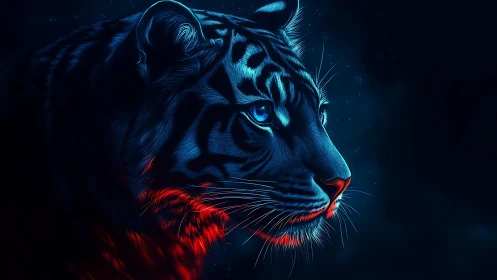 Neon lit tiger profile in dark space with blue and red light.