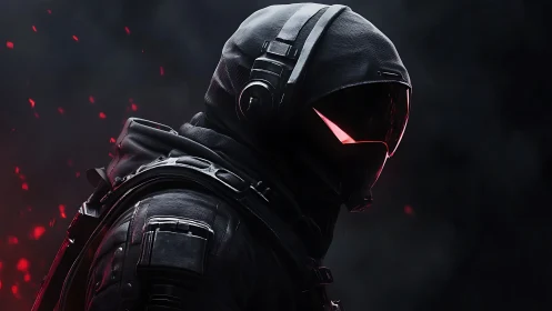 Midnight cyber operative with burning neon visor glare.