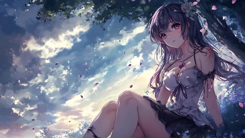 Anime girl under flowering tree in dramatic evening sky