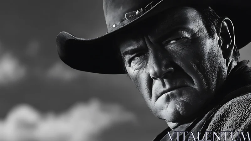 Weathered cowboy portrait under brooding western sky.