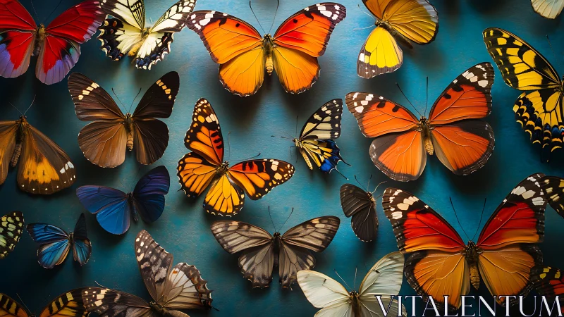 Multiple butterfly specimens are arranged against blue background