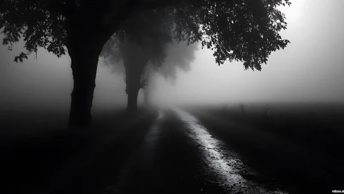 Fog-obscured country road with silhouetted trees and wet surface