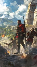 Digital war scene with alpine fortress and infantry detail.