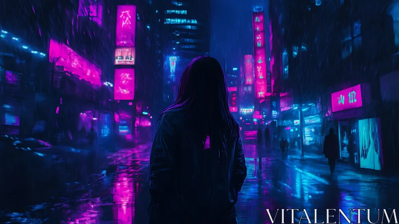 Solitary observer in neon-saturated cyberpunk rainscape nocturne.
