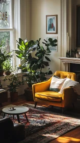 Daylit reading corner with mustard lounge chair and plants.