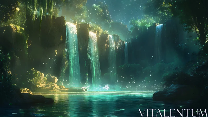 Moonlit waterfalls whisper over a turquoise enchanted pool