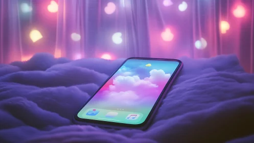 Smartphone floating in neon-lit purple dreamscape.
