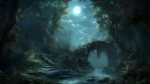 Moonlit forest bridge over a misty, whispering river.