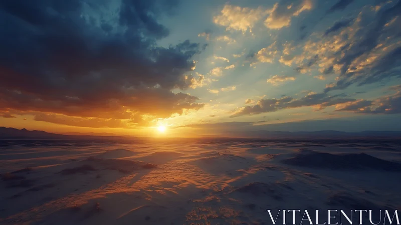 Desert sunrise over dunes under dramatic cloud canopy.