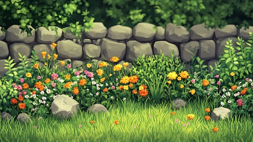 Sunlit garden wall cradling wildflower confetti bloomscape.