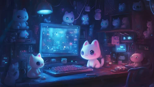 Neon Whiskers: Cyber-Cats Inhabit a Glowing Digital Sanctuary.
