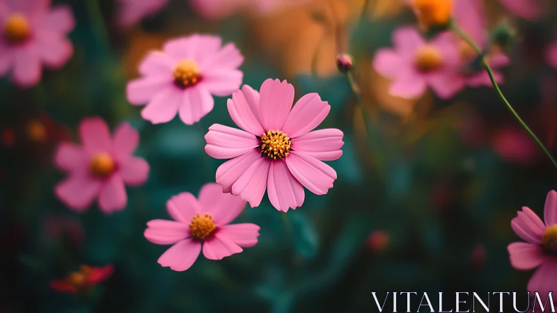Whisper-soft pink cosmos bloom in a twilight garden hush.