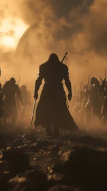 Lone warrior strides through dawnlit battlefield mist.