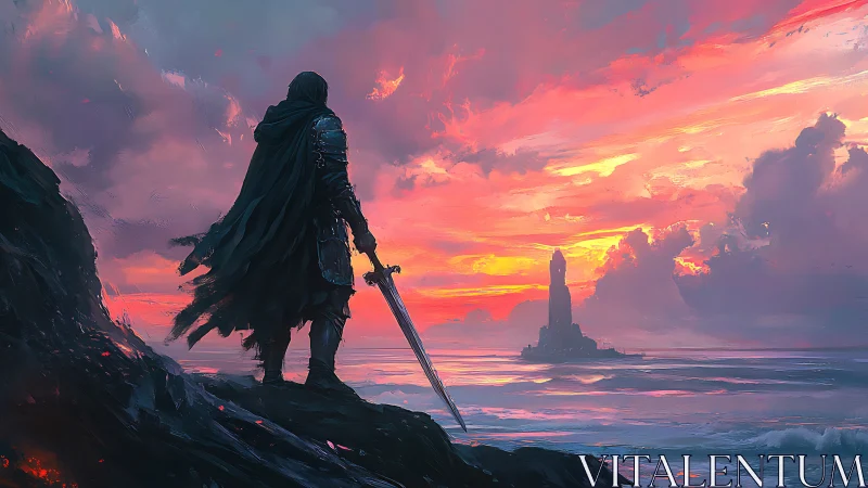 Cloaked figure with sword surveys offshore tower at dusk