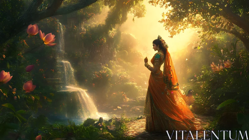 Sunlit Indian goddess walks through lush waterfall garden