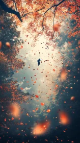 Silhouetted figure drifts skyward amid swirling autumn leaves.