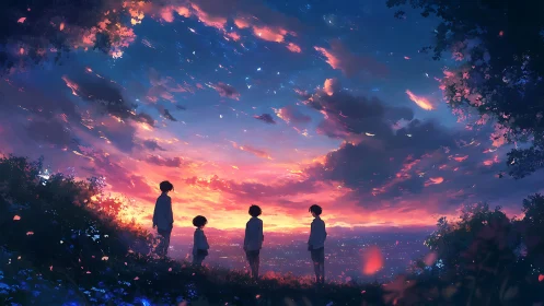 Silhouetted figures on hillside under expansive dusk sky.