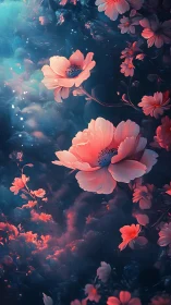 Digital floral composition with luminescent depth and atmospheric effects.