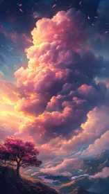 Radiant sunset clouds rising over a quiet cherry tree valley.