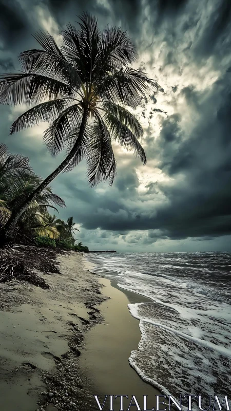Tropical Beach with Palm Trees and Storm Clouds.