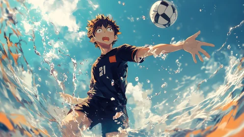 Youth in sports kit reaching toward ball amid water spray.